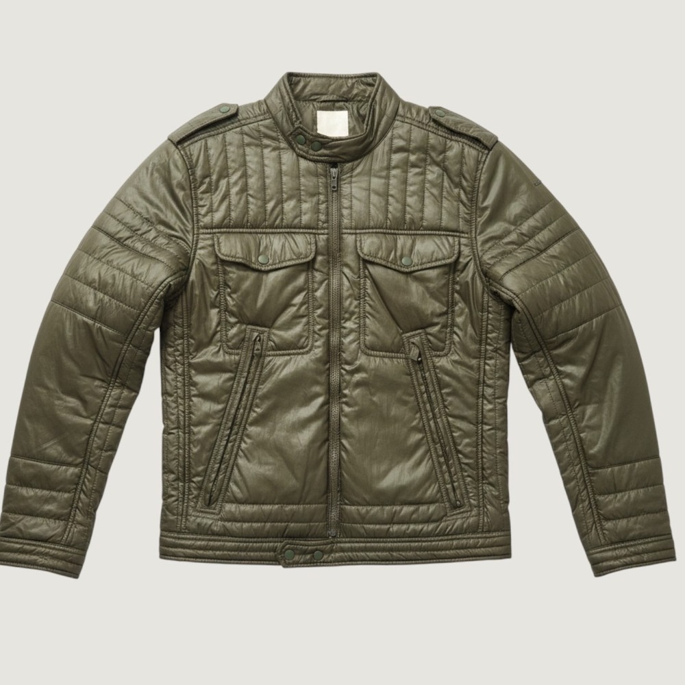 Men's olive-green Diesel quilted biker jacket glossy finish multi front pockets